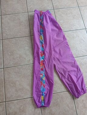 Vintage 80s/90s Action Gel Girls Purple Splash Pants With Floral Side Stripe